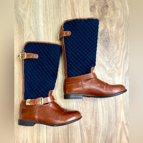 TOMMY HILFIGER Cognac Peacoat  Blue/Brown Andrea Equine Tall Boots 3 EUC - Picture 1 of 7